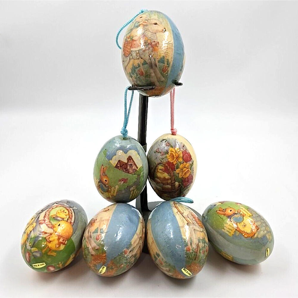 Vintage Easter Egg Ornaments Decoupage Paper Mache Ribbon Hanger Bunny 7 Count